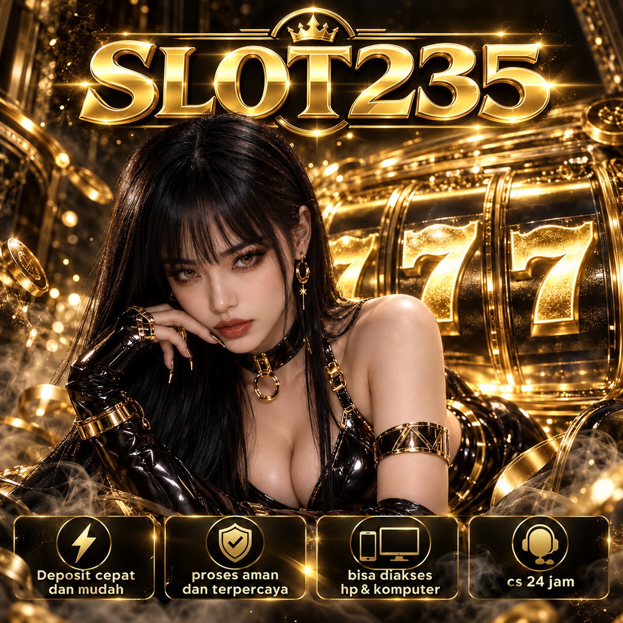 Visual promosi SLOT235 dengan ilustrasi bertema hitam dan emas